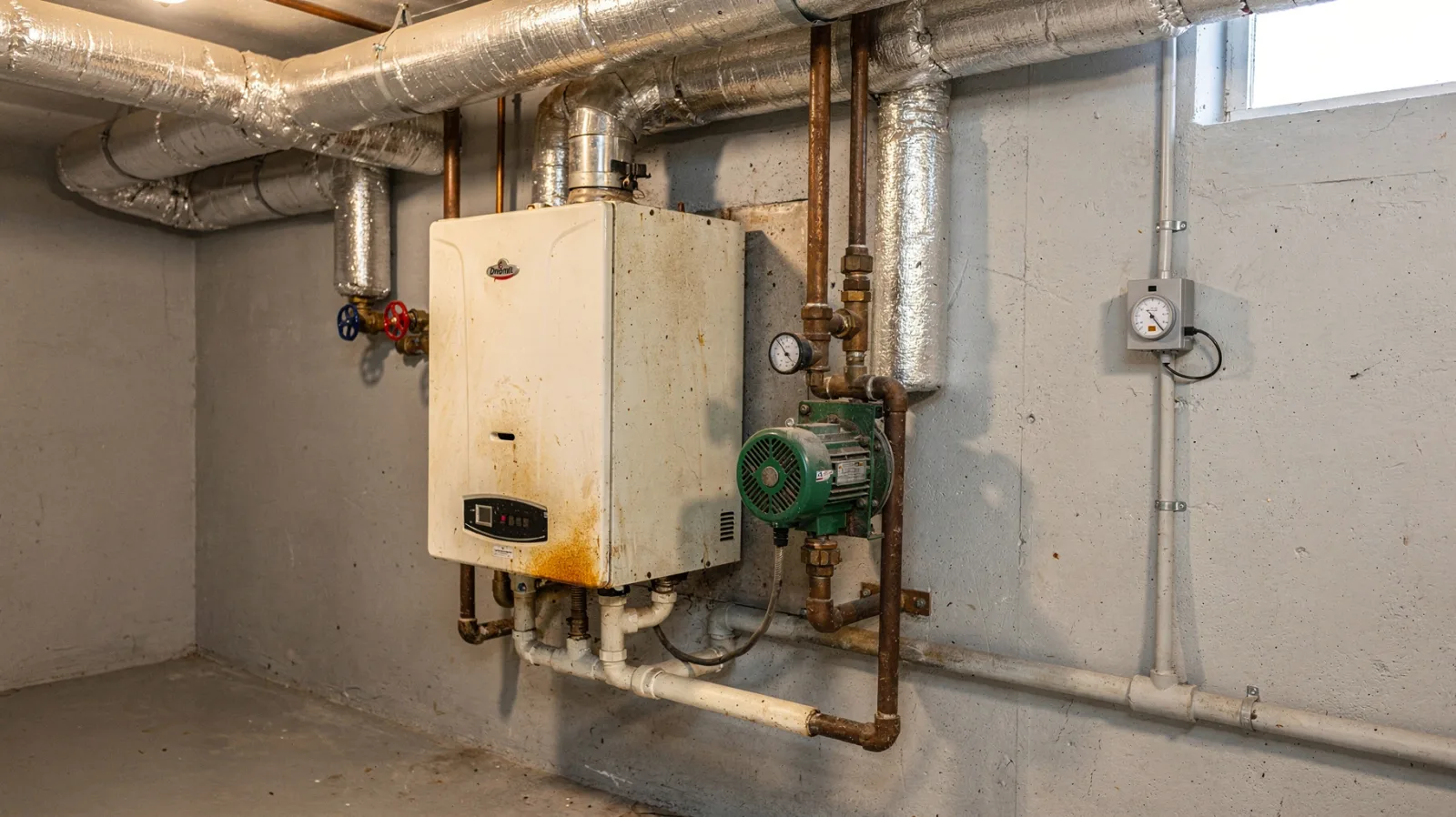 Alte Heizungsanlage im Keller mit Kessel, Rohren, Ventilen und Steuerungstechnik