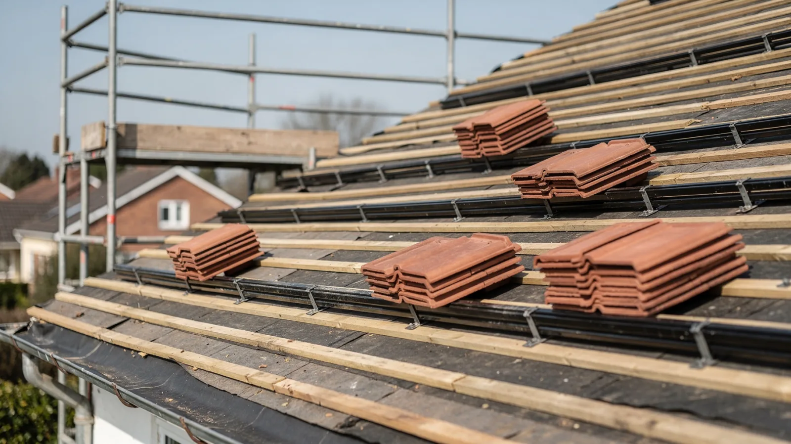 Dachsanierung mit freigelegten Dachlatten, neuen Ziegeln und Montageschienen für eine Photovoltaikanlage